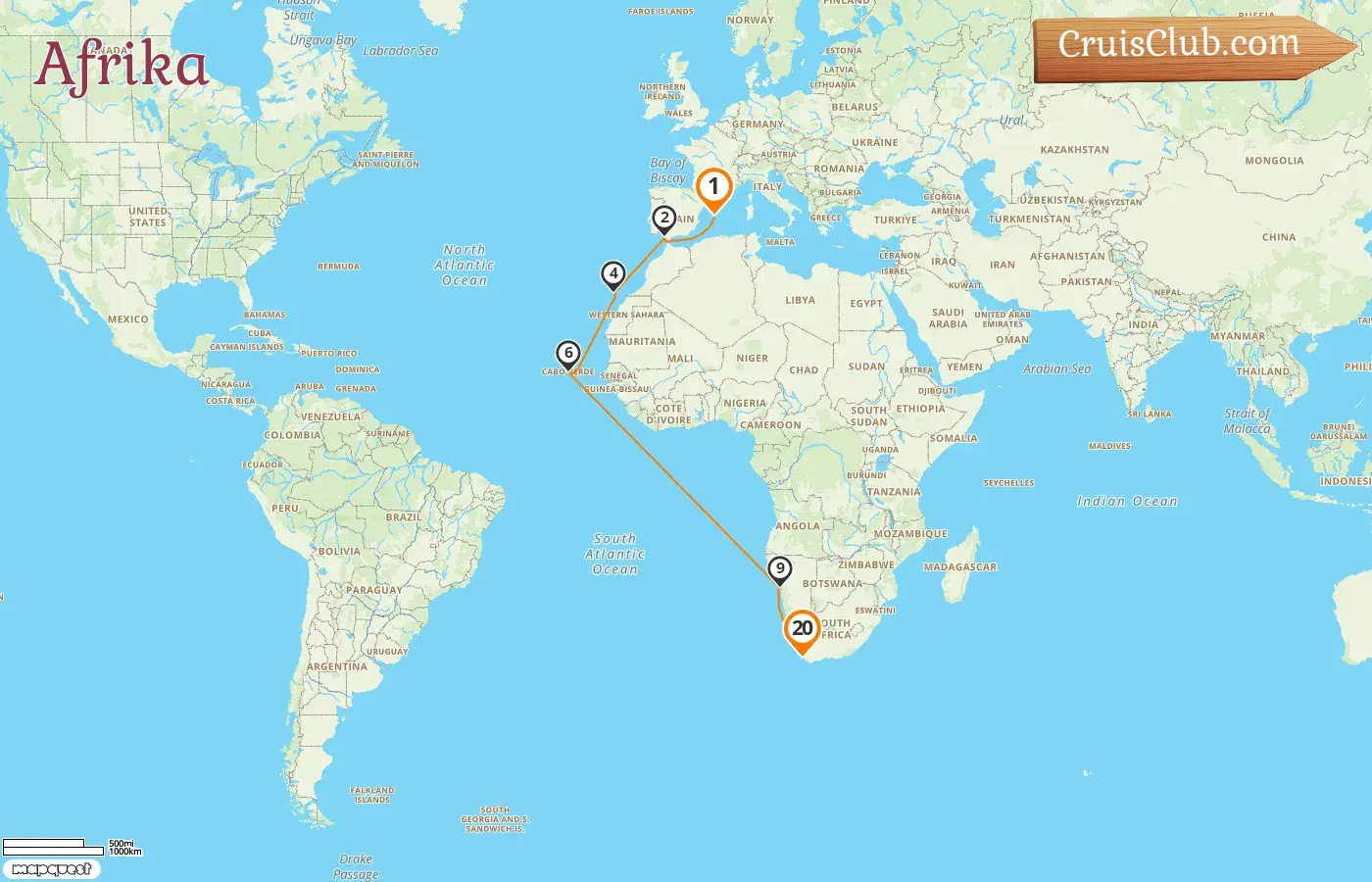 Kreuzfahrt in Afrika von Palma nach Kapstadt an Bord des Schiffes AIDAstella mit Stopps in Spanien, Namibia und Südafrika für 20 Tage