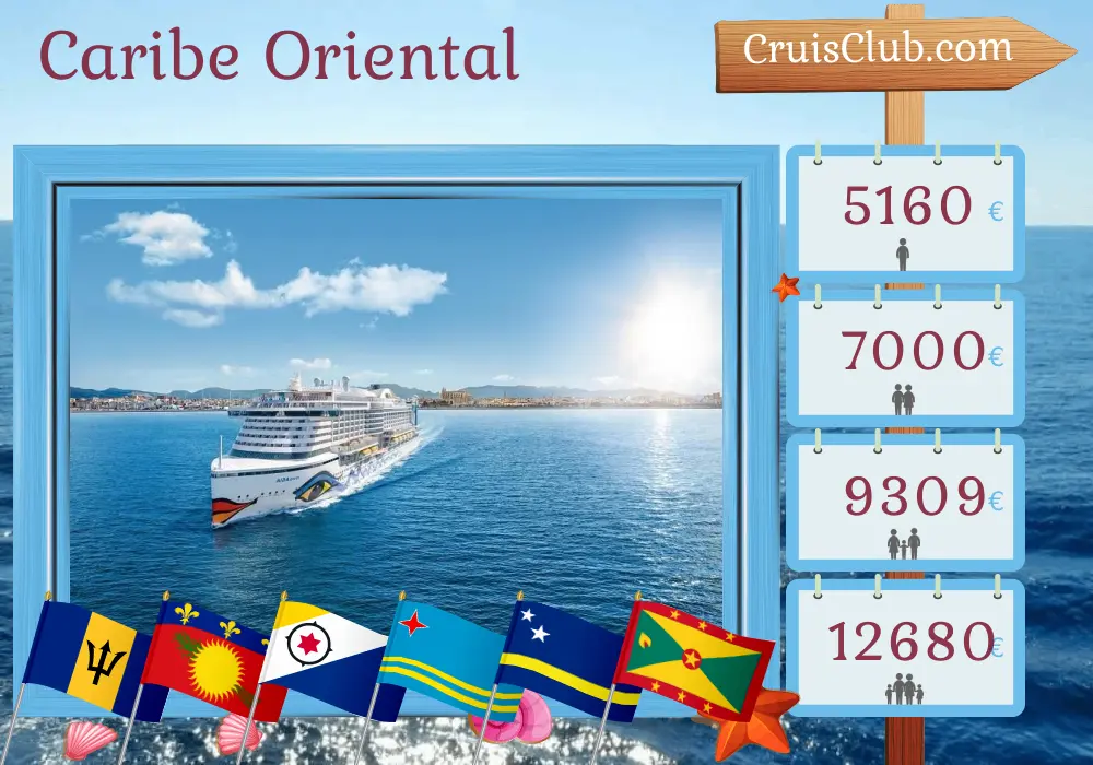 Cruzeiro no Caribe Oriental de Bridgetown para La Romana a bordo do navio AIDAperla com visitas a Barbados, São Vicente e Granadinas, Guadalupe, Aruba, Curaçao e Granada por 22 dias