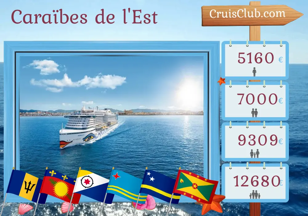 Croisière dans les Caraïbes orientales de Bridgetown à La Romana à bord du navire AIDAperla avec des escales à la Barbade, à Saint-Vincent et les Grenadines, en Guadeloupe, à Aruba, à Curaçao et à Grenade pendant 22 jours