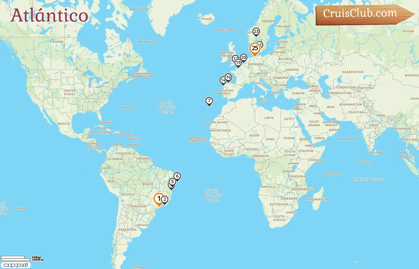 Crucero transatlántico de Santos a Hamburgo a bordo del barco MSC Preziosa con visitas a Brasil, España, Francia, Bélgica, Dinamarca, Noruega y Alemania durante 25 días