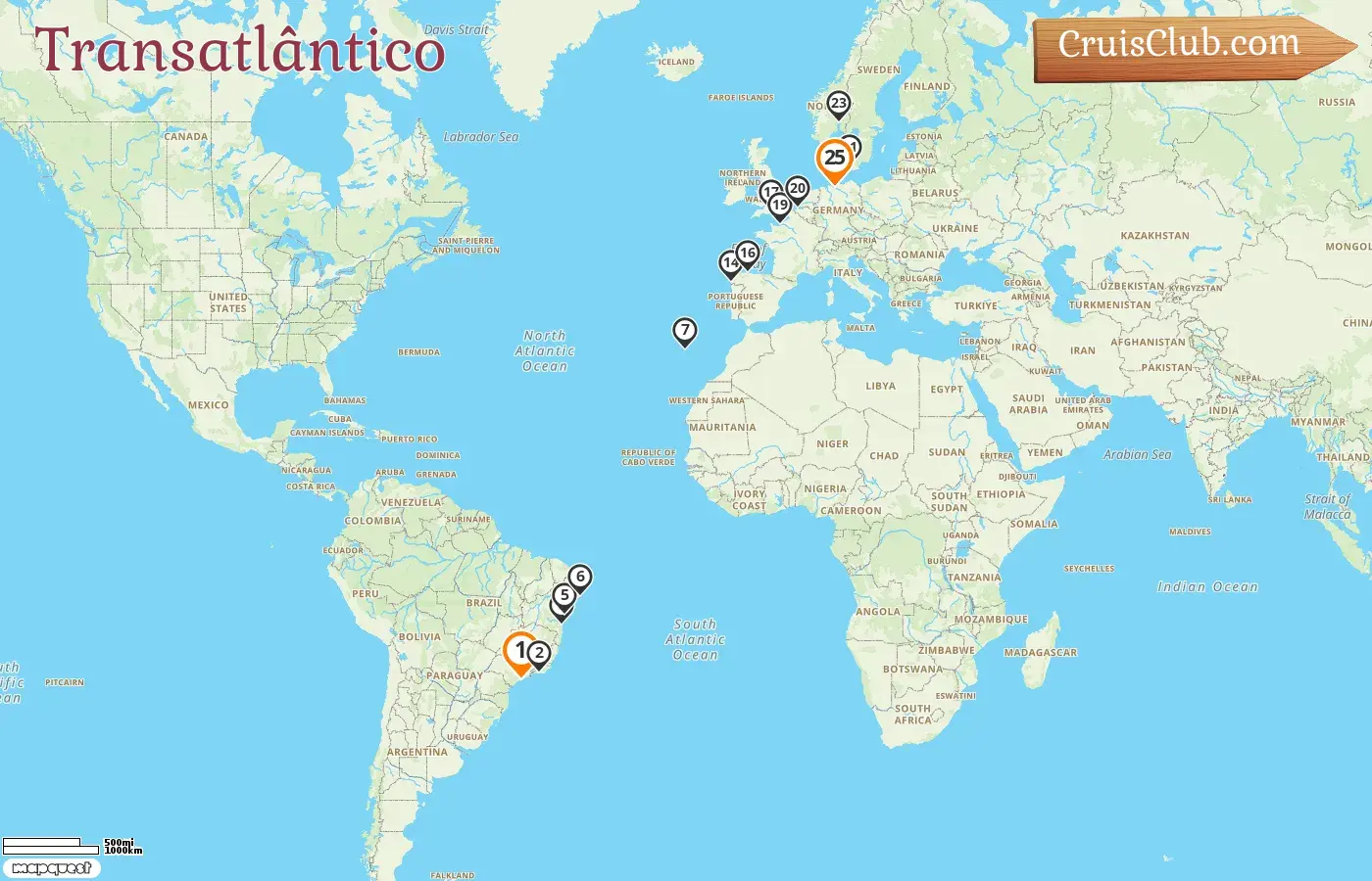 Cruzeiro Transatlântico de Santos a Hamburgo a bordo do navio MSC Preziosa com visitas ao Brasil, Espanha, França, Bélgica, Dinamarca, Noruega e Alemanha por 25 dias