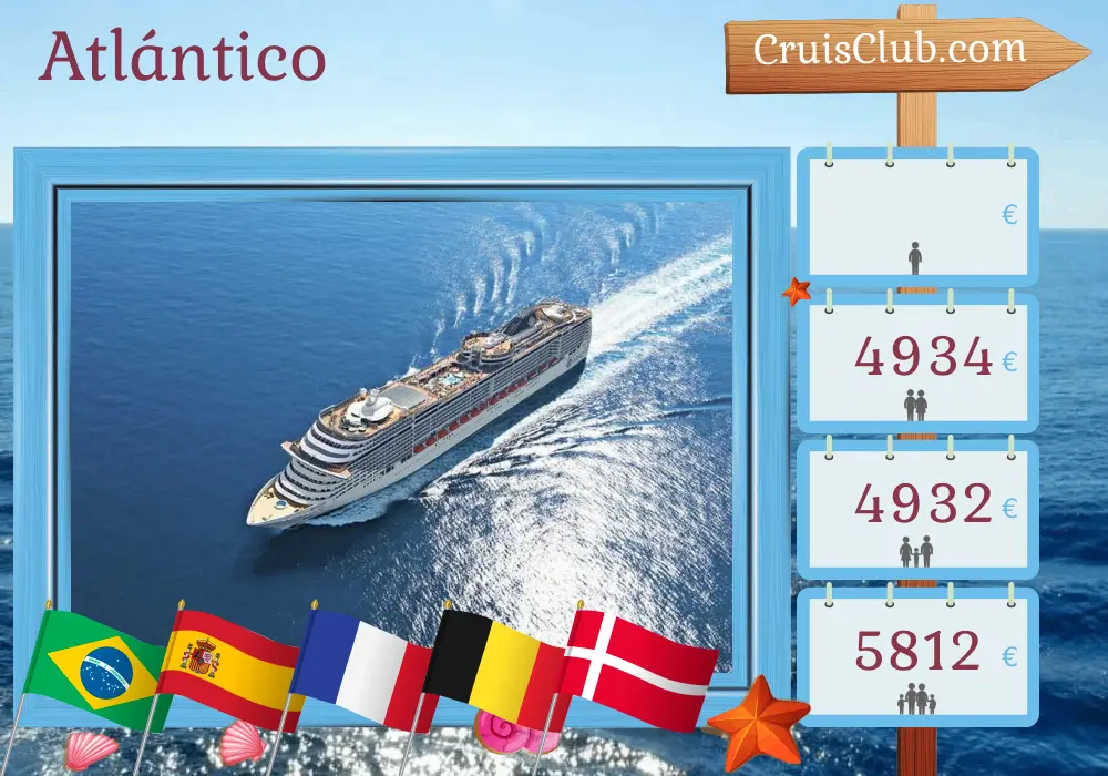 Crucero por el Atlántico desde Santos a Copenhague a bordo del barco MSC Preziosa con visitas a Brasil, España, Francia, Bélgica y Dinamarca durante 22 días