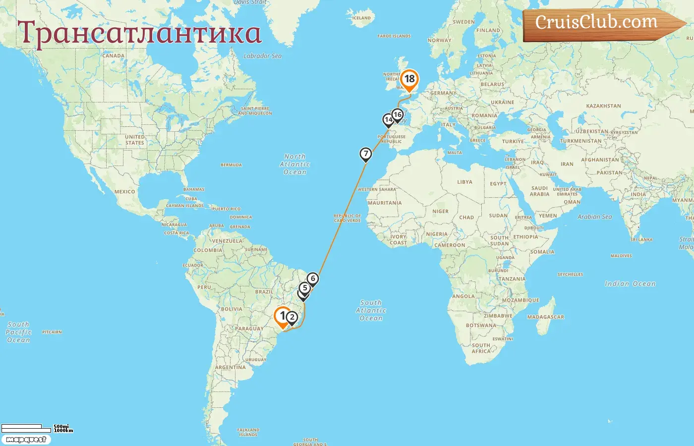 Трансатлантический круиз от Сейнтса до Саутгемптона на борту судна MSC Preziosa с посещениями Бразилии и Испании на 18 дней