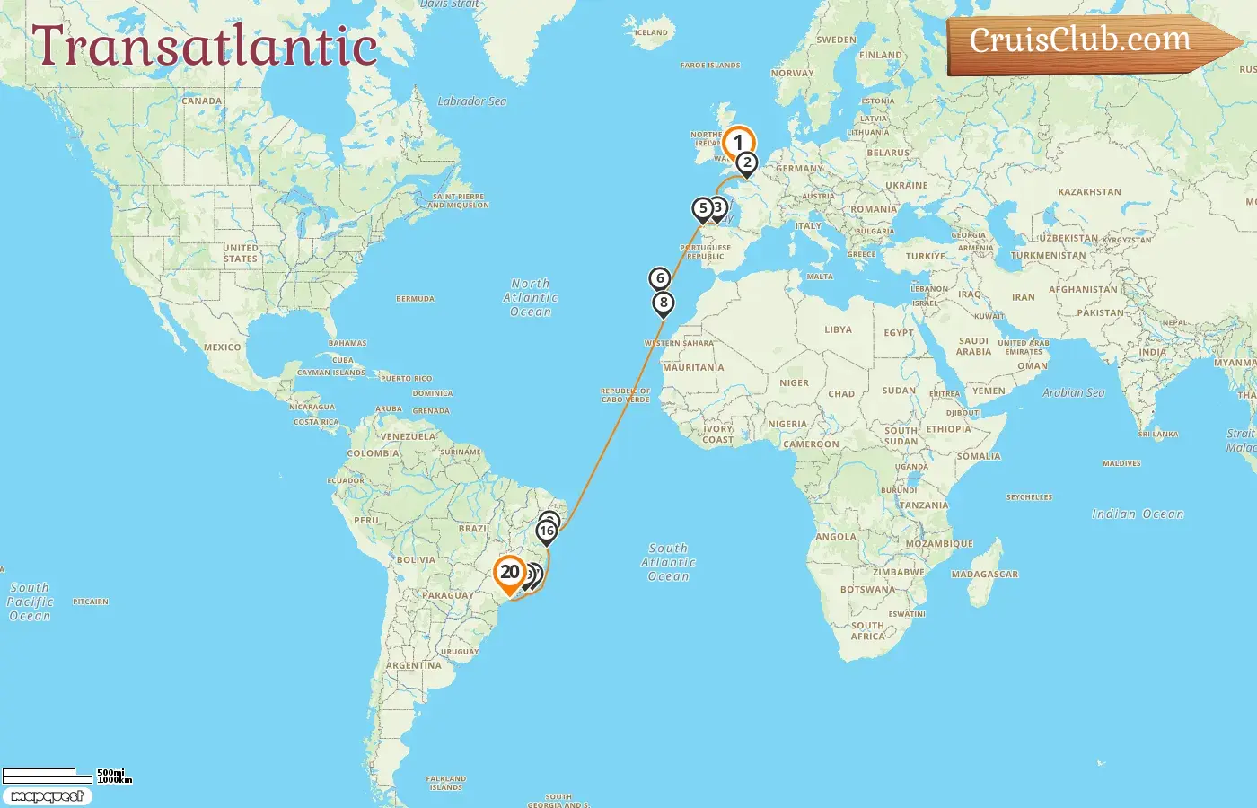 Cruise in the Transatlantic from Southampton to Saints aboard MSC Preziosa ship with visits to France, Spain, and Brazil for 20 days