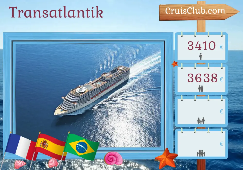 Kreuzfahrt über den Atlantik von Southampton nach Santo Domingo an Bord des Schiffes MSC Preziosa mit Stopps in Frankreich, Spanien und Brasilien für 20 Tage