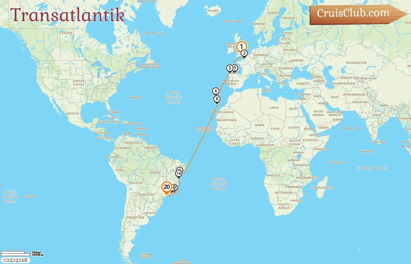 Kreuzfahrt über den Atlantik von Southampton nach Santo Domingo an Bord des Schiffes MSC Preziosa mit Stopps in Frankreich, Spanien und Brasilien für 20 Tage