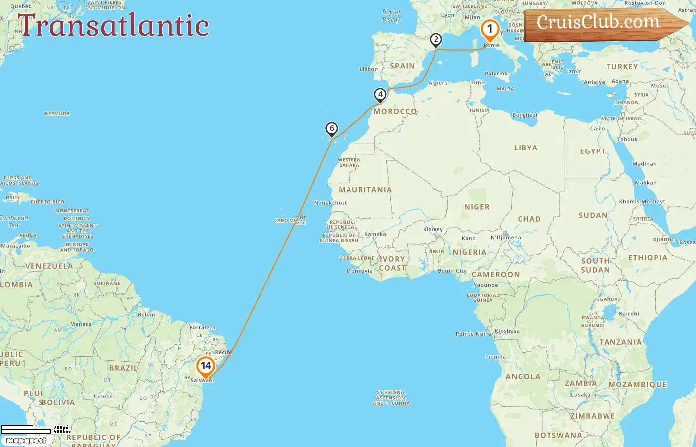 Cruise in the Transatlantic from Civitavecchia to Salvador da Bahia aboard MSC Armonia ship with visits to Italy, Spain, Morocco, and Brazil for 14 days