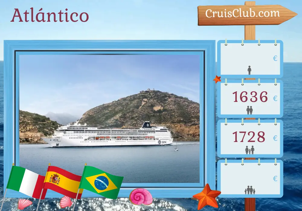 Crucero por el Atlántico desde Civitavecchia a Salvador de Bahía a bordo del barco MSC Armonía con visitas a Italia, España, Marruecos y Brasil durante 14 días