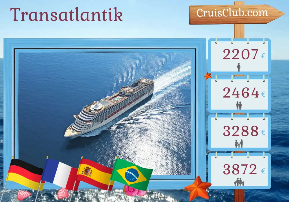 Kreuzfahrt auf dem Transatlantik von Hamburg nach Salvador da Bahia an Bord des Schiffes MSC Preziosa mit Stopps in Deutschland, Frankreich, Spanien und Brasilien für 17 Tage