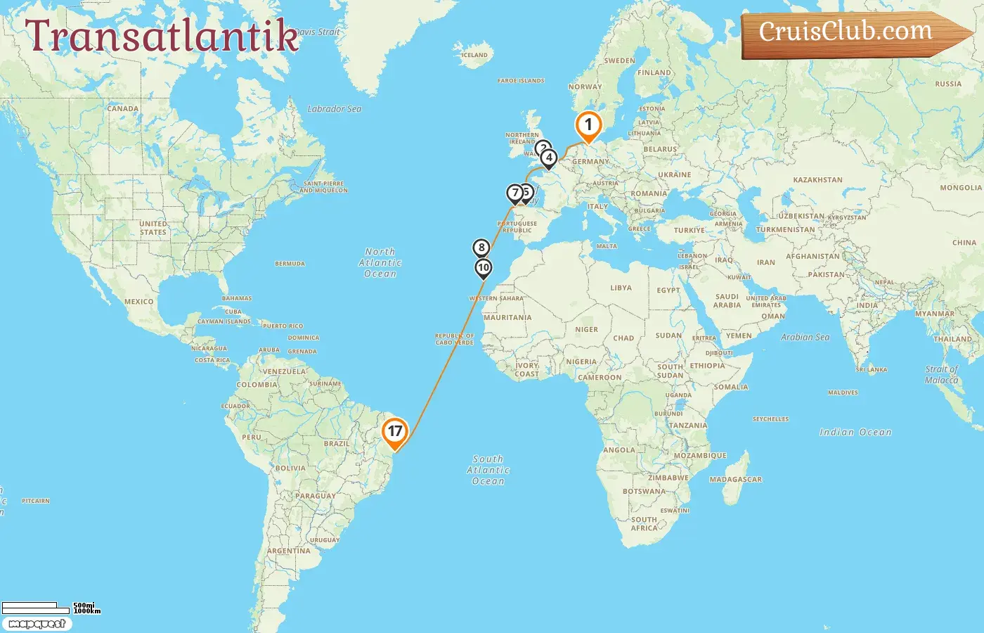 Kreuzfahrt auf dem Transatlantik von Hamburg nach Salvador da Bahia an Bord des Schiffes MSC Preziosa mit Stopps in Deutschland, Frankreich, Spanien und Brasilien für 17 Tage