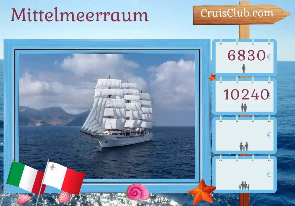 Kreuzfahrt im Mittelmeer von Catania nach Valletta an Bord des Schiffes Sea Cloud Spirit mit Besuchen in Italien und Malta für 8 Tage