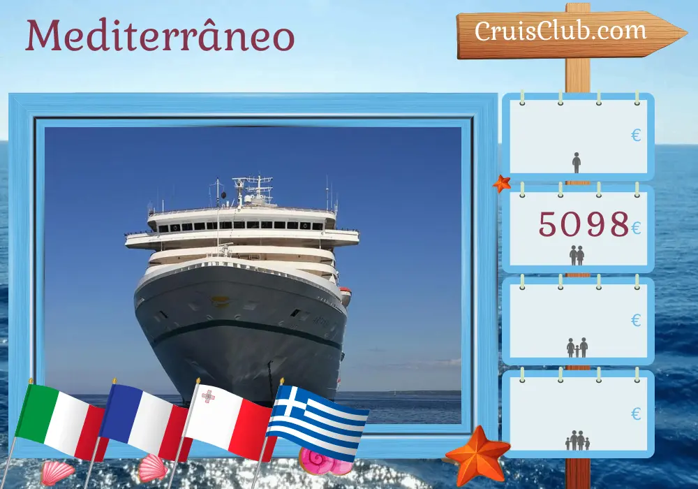 Cruzeiro no Mediterrâneo de Savona para Gênova a bordo do navio Artania com visitas à Itália, França, Malta, Grécia e Turquia por 15 dias