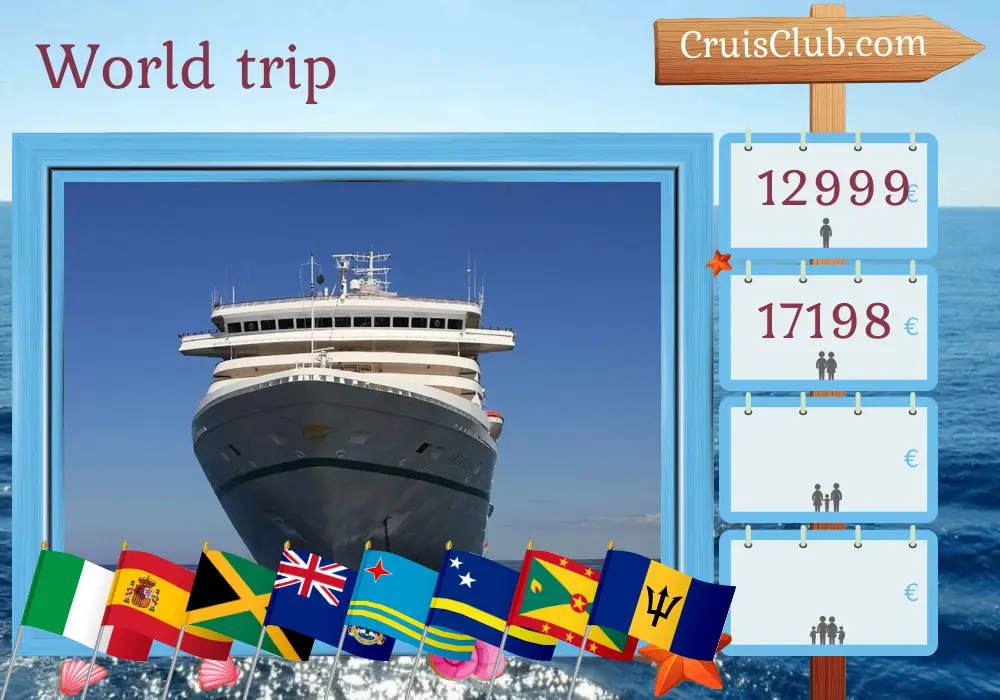 Cruise in the World trip from Genoa to Savona aboard Artania ship with visits to Italy, Spain, British Virgin Islands, Jamaica, Cayman Islands, Colombia, Costa Rica, Panama, Aruba, Curaçao, Grenada, Saint Vincent and the Grenadines, Barbados, and Morocco for 51 days