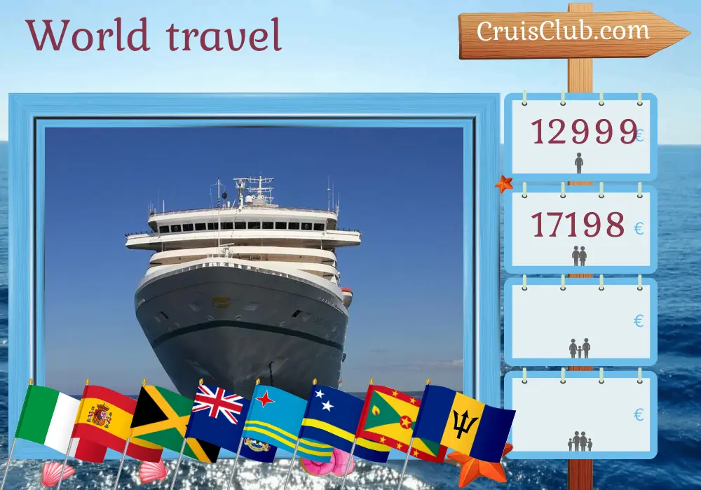Weltreise mit der Kreuzfahrt von Genua nach Savona an Bord des Schiffes Artania mit Besuchen in Italien, Spanien, British Virgin Islands, Jamaika, Kaimaninseln, Kolumbien, Costa Rica, Panama, Aruba, Curaçao, Grenada, St. Vincent und die Grenadinen, Barbados und Marokko für 51 Tage