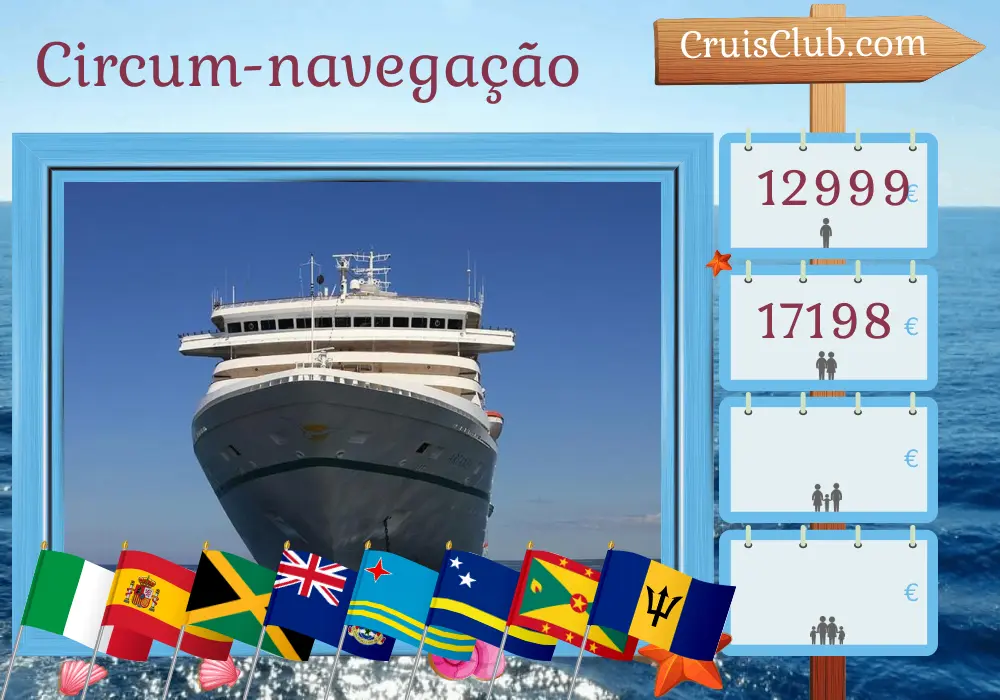 Cruzeiro na viagem pelo mundo de Gênova a Savona a bordo do navio Artania com visitas à Itália, Espanha, Ilhas Virgens Britânicas, Jamaica, Ilhas Cayman, Colômbia, Costa Rica, Panamá, Aruba, Curaçao, Granada, São Vicente e Granadinas, Barbados e Marrocos por 51 dias