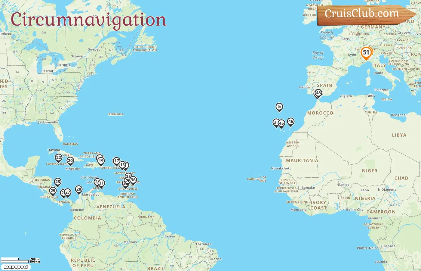 Croisière du tour du monde de Gênes à Savone à bord du navire Artania avec escales en Italie, en Espagne, aux Îles Vierges britanniques, en Jamaïque, dans les îles Caïmans, en Colombie, au Costa Rica, au Panama, à Aruba, à Curaçao, à la Grenade, à Saint-Vincent et les Grenadines, à la Barbade et au Maroc pendant 51 jours