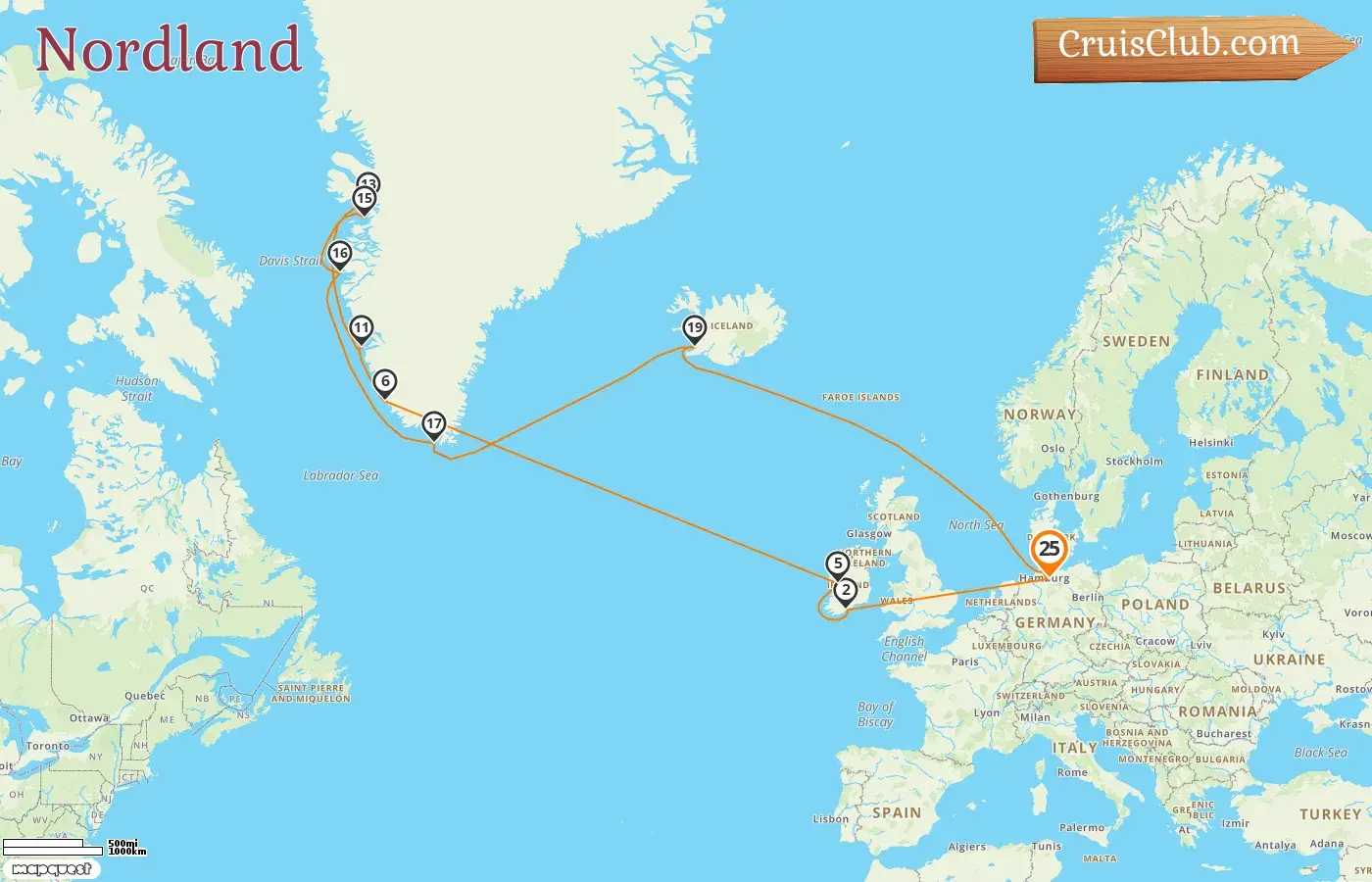 Crucero por el norte desde Hamburgo a bordo del barco Artania con visitas a Alemania, Irlanda y Groenlandia durante 25 días