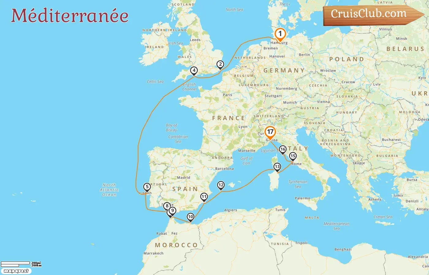 Croisière en Méditerranée de Hambourg à Savone à bord du navire Artania avec des visites en Allemagne, en Espagne, au Maroc et en Italie pendant 17 jours