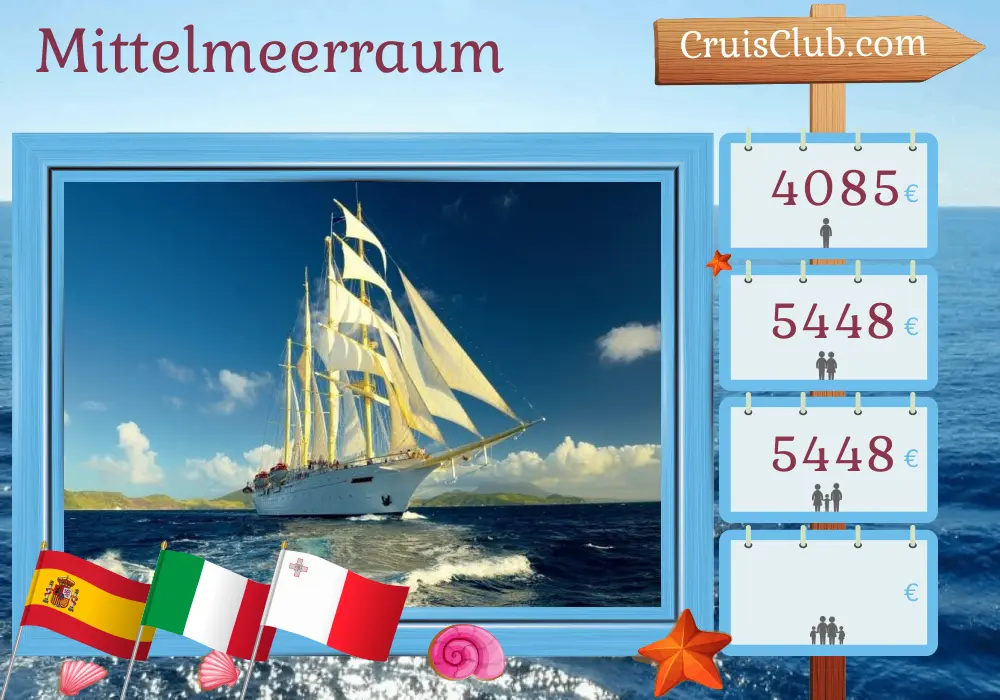 Kreuzfahrt im Mittelmeer von Malaga nach Valletta an Bord des Schiffes Star Flyer mit Besuchen in Spanien, Italien und Malta für 10 Tage