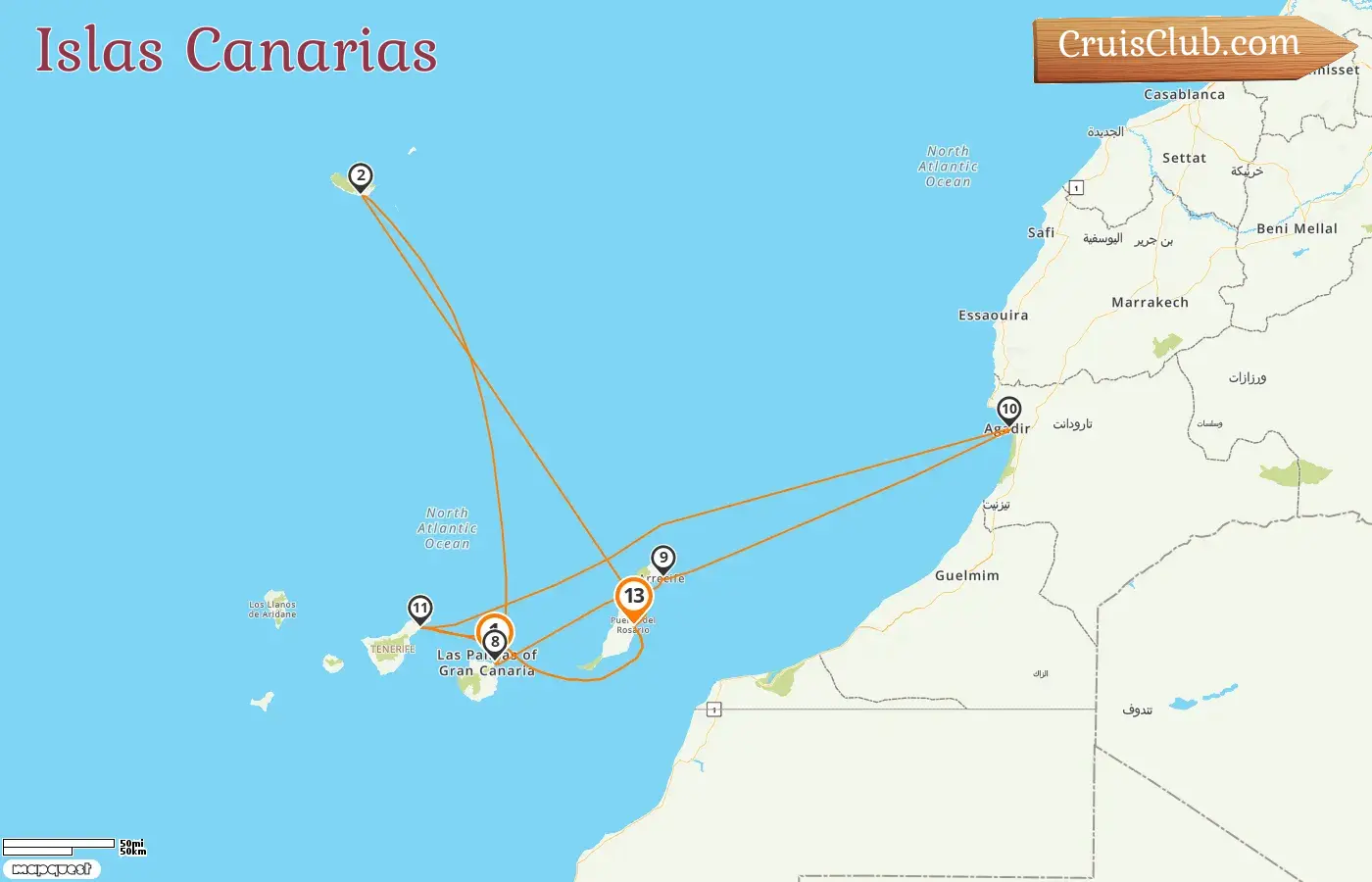 Crucero por las Islas Canarias de Las Palmas a Puerto del Rosario a bordo del barco AIDAmar con visitas a España y Marruecos por 13 días