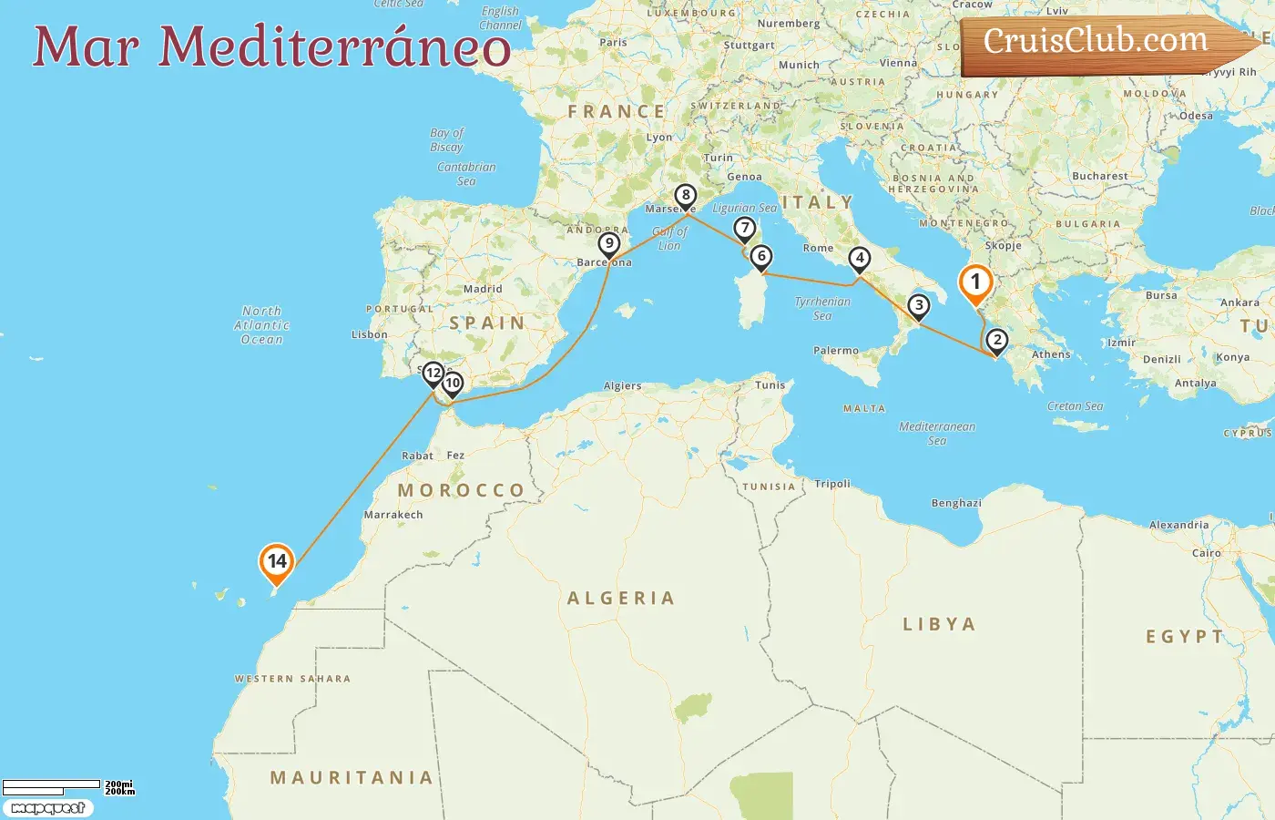 Crucero en el Mediterráneo de Corfú a Puerto del Rosario a bordo del barco AIDAblu con visitas a Grecia, Italia, Francia, España y Gibraltar durante 14 días
