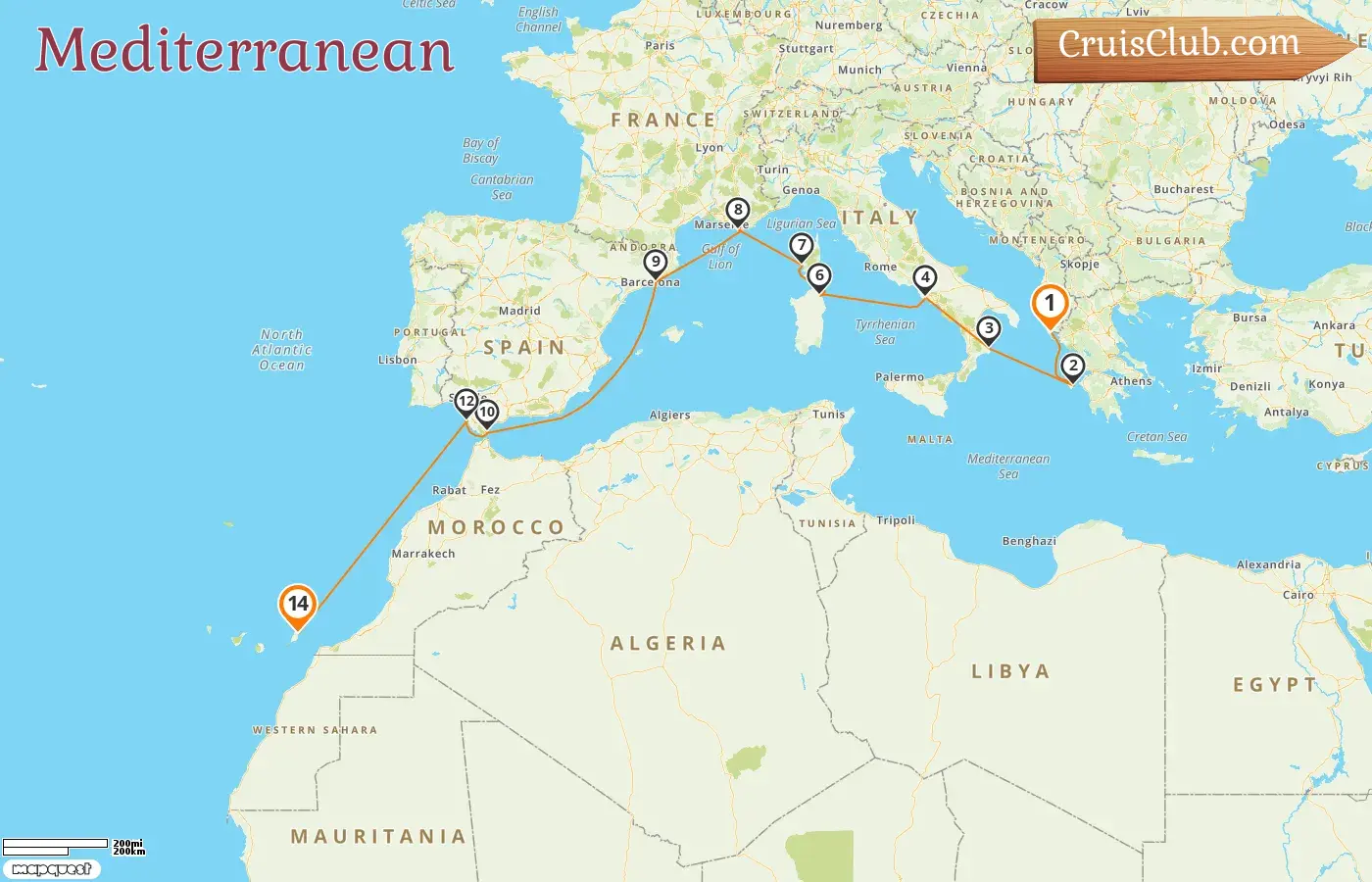 Cruise in the Mediterranean from Corfu to Puerto del Rosario aboard AIDAblu ship with visits to Greece, Italy, France, Spain, and Gibraltar for 14 days