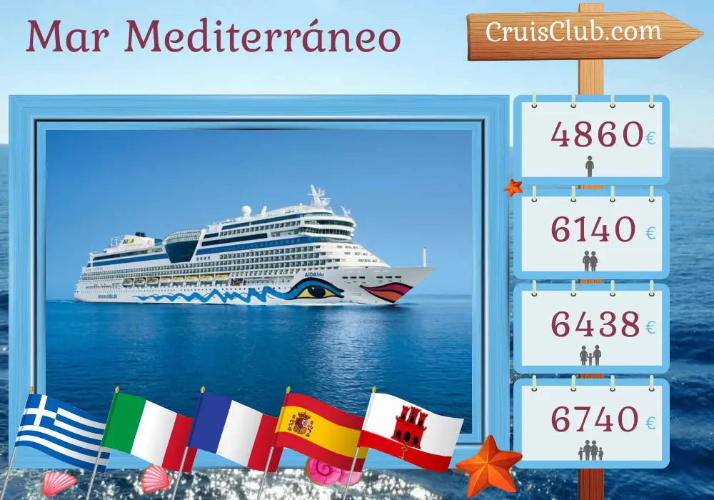 Crucero en el Mediterráneo de Corfú a Puerto del Rosario a bordo del barco AIDAblu con visitas a Grecia, Italia, Francia, España y Gibraltar durante 14 días