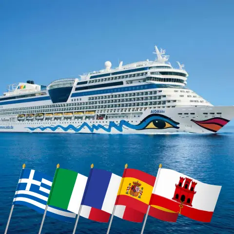 Kreuzfahrt im Mittelmeer von Korfu nach Puerto del Rosario an Bord des Schiffes AIDAblu mit Stopps in Griechenland, Italien, Frankreich, Spanien und Gibraltar für 14 Tage