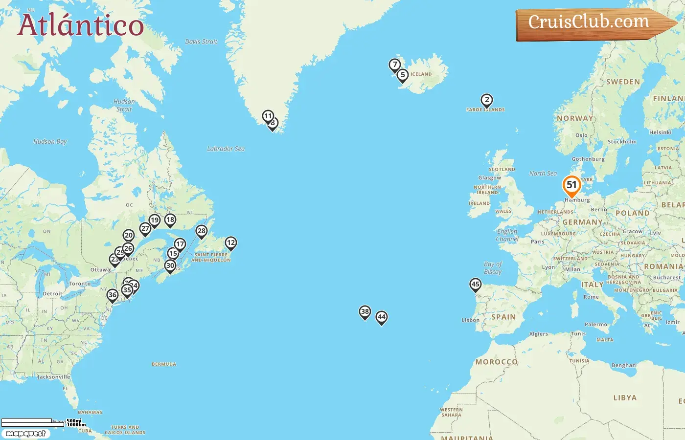 Crucero en el Transatlántico desde Bremerhaven a bordo del barco Amera con visitas a Alemania, Islas Feroe, Islandia, Groenlandia, Canadá, Estados Unidos, Portugal y España por 51 días
