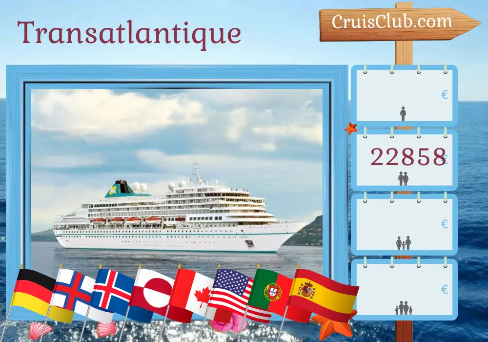 Croisière Transatlantique depuis Bremerhaven à bord du navire Amera avec escales en Allemagne, aux îles Féroé, en Islande, au Groenland, au Canada, aux États-Unis, au Portugal et en Espagne pendant 51 jours