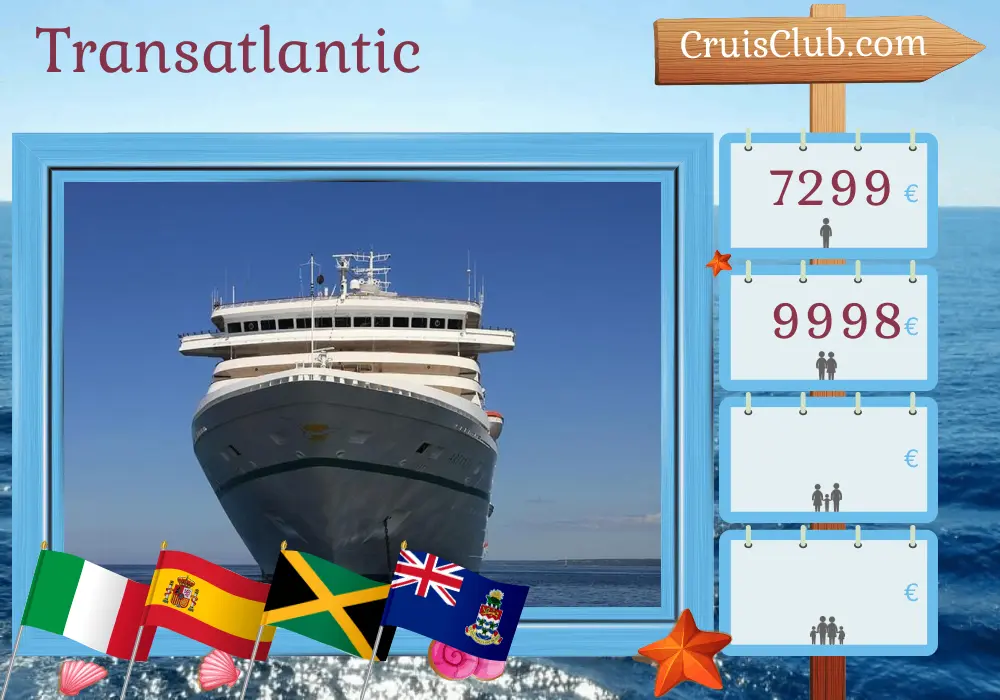Cruise in the Transatlantic from Genoa to Christopher aboard Artania ship with visits to Italy, Spain, British Virgin Islands, Jamaica, Cayman Islands, Colombia, Costa Rica, and Panama for 26 days
