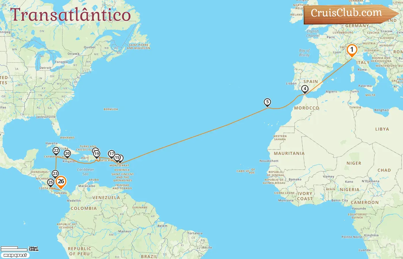 Cruzeiro no Transatlântico de Gênova a Cristóvão a bordo do navio Artania com visitas à Itália, Espanha, Ilhas Virgens Britânicas, Jamaica, Ilhas Cayman, Colômbia, Costa Rica e Panamá por 26 dias