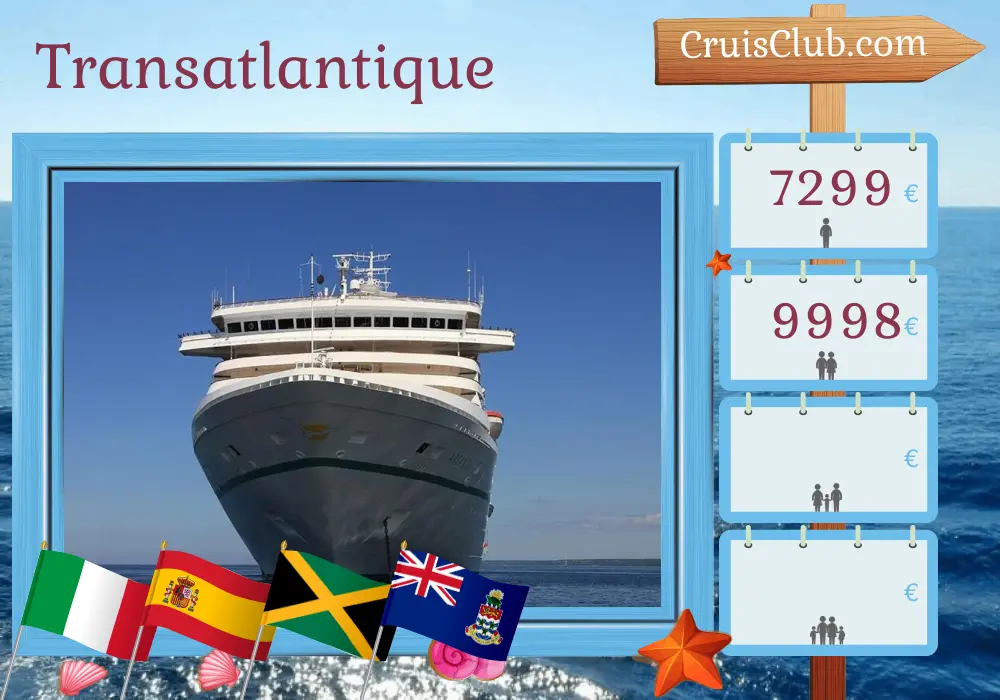 Croisière transatlantique de Gênes à Christophe à bord du navire Artania avec escales en Italie, en Espagne, dans les îles Vierges britanniques, en Jamaïque, dans les îles Caïmans, en Colombie, au Costa Rica et au Panama pendant 26 jours