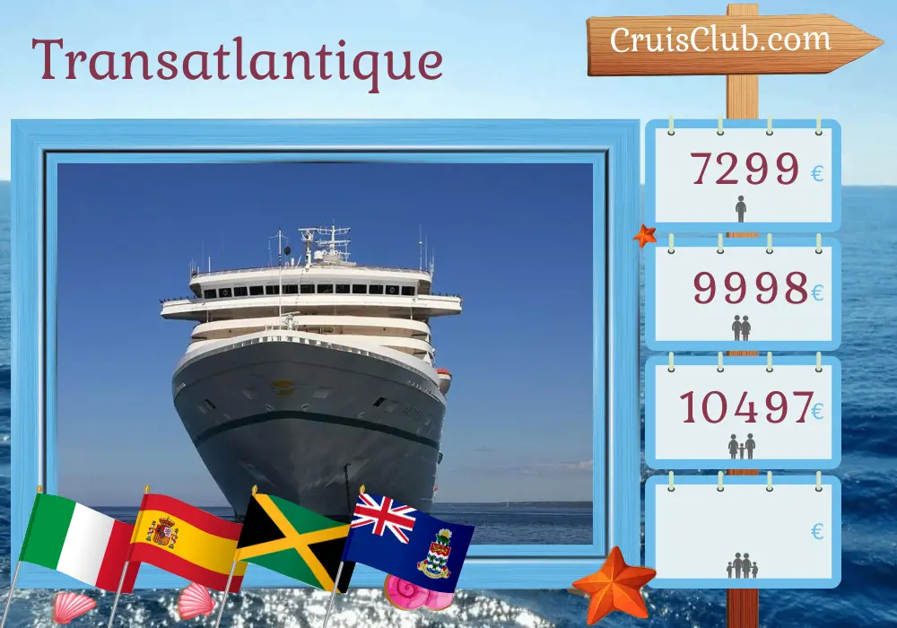 Croisière transatlantique de Gênes à Christophe à bord du navire Artania avec escales en Italie, en Espagne, dans les îles Vierges britanniques, en Jamaïque, dans les îles Caïmans, en Colombie, au Costa Rica et au Panama pendant 26 jours