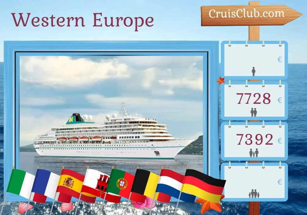 Cruise in the Western Europe from Savona to Bremerhaven aboard Amera ship with visits to Italy, France, Spain, Gibraltar, Portugal, Belgium, Netherlands, and Germany for 18 days