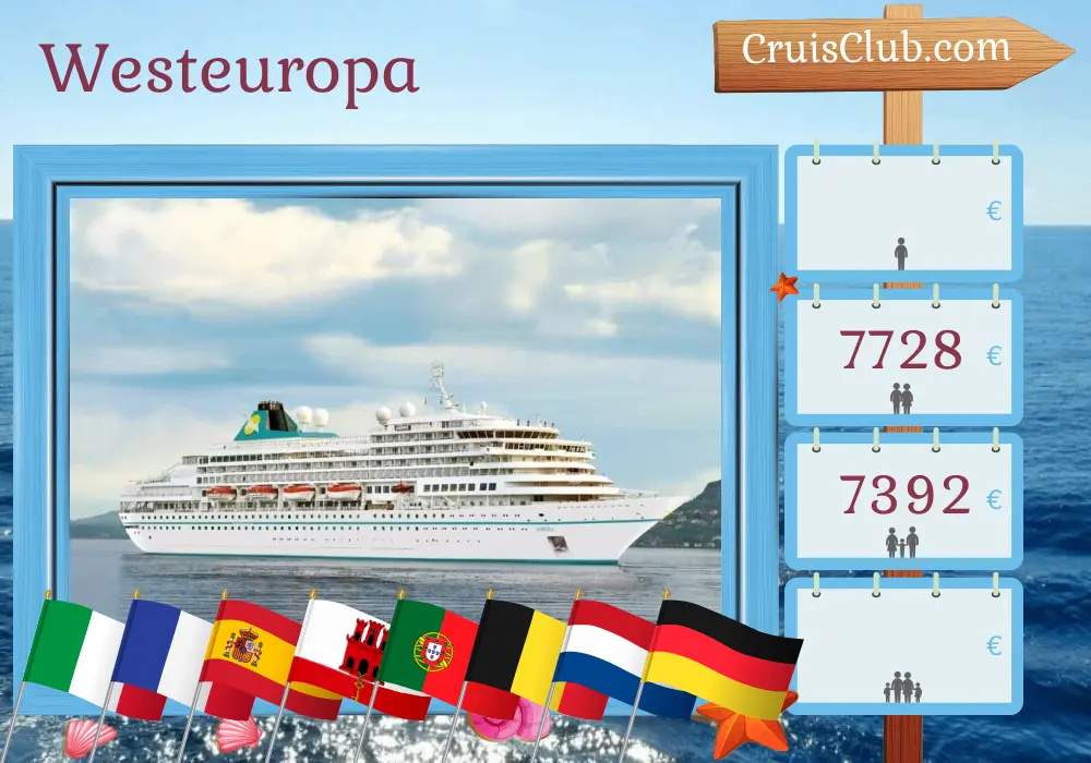 Kreuzfahrt in Westeuropa von Savona nach Bremerhaven an Bord des Schiffes Amera mit Besuchen in Italien, Frankreich, Spanien, Gibraltar, Portugal, Belgien, den Niederlanden und Deutschland für 18 Tage