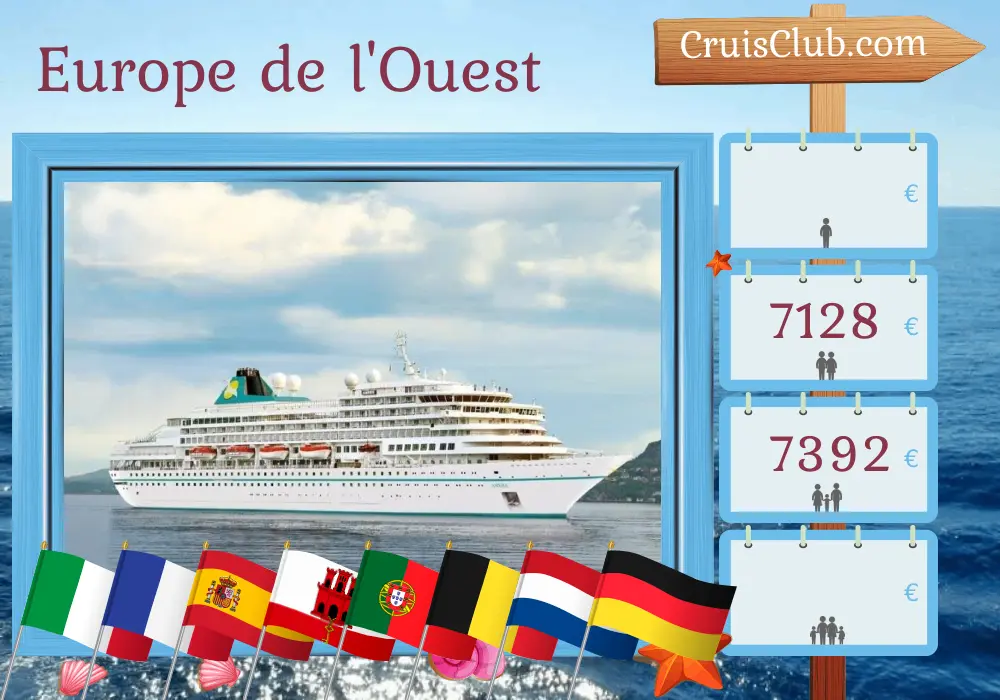 Croisière en Europe de l`Ouest de Savone à Bremerhaven à bord du navire Amera avec des visites en Italie, en France, en Espagne, à Gibraltar, au Portugal, en Belgique, aux Pays-Bas et en Allemagne pendant 18 jours