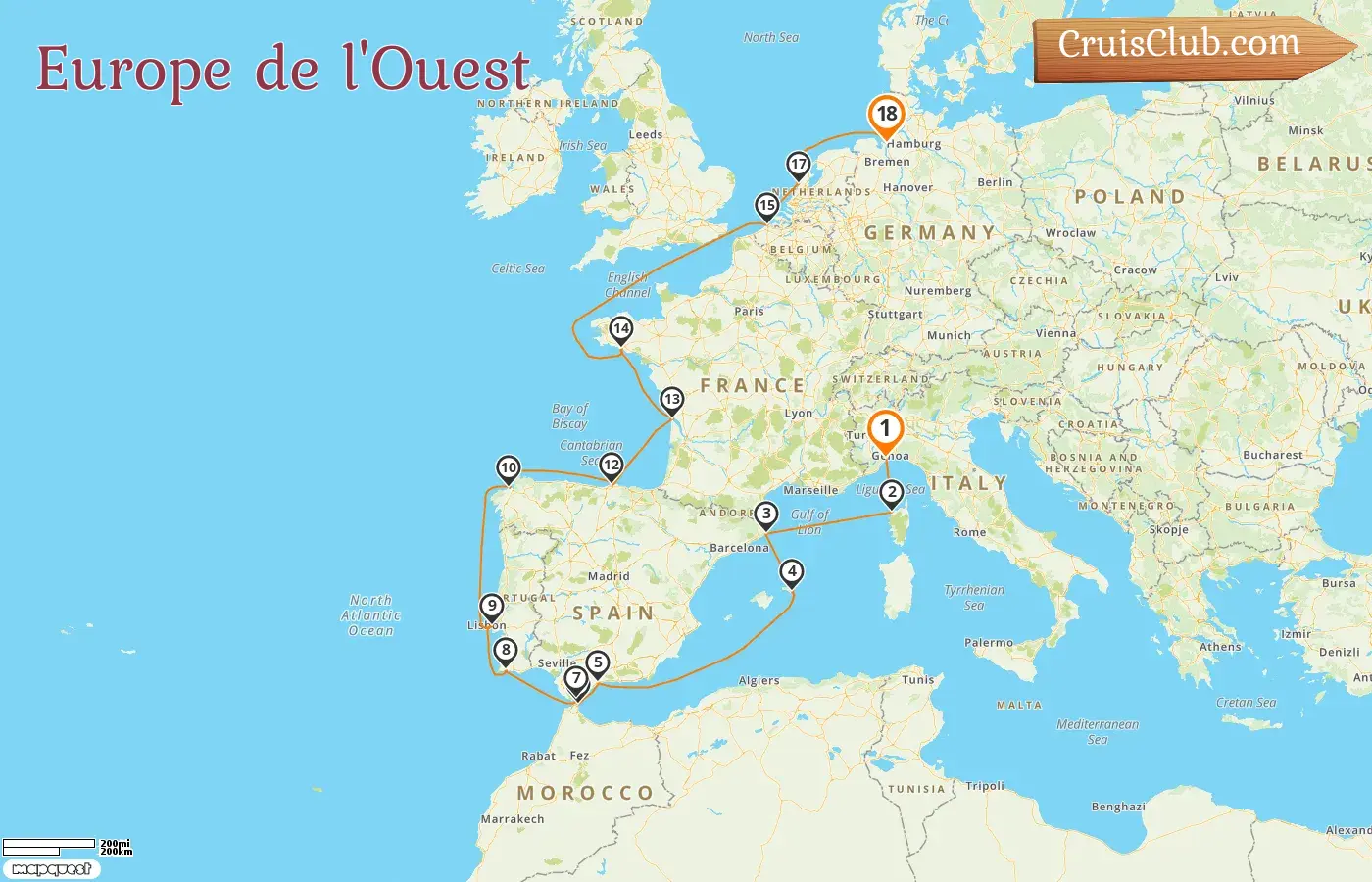 Croisière en Europe de l`Ouest de Savone à Bremerhaven à bord du navire Amera avec des visites en Italie, en France, en Espagne, à Gibraltar, au Portugal, en Belgique, aux Pays-Bas et en Allemagne pendant 18 jours