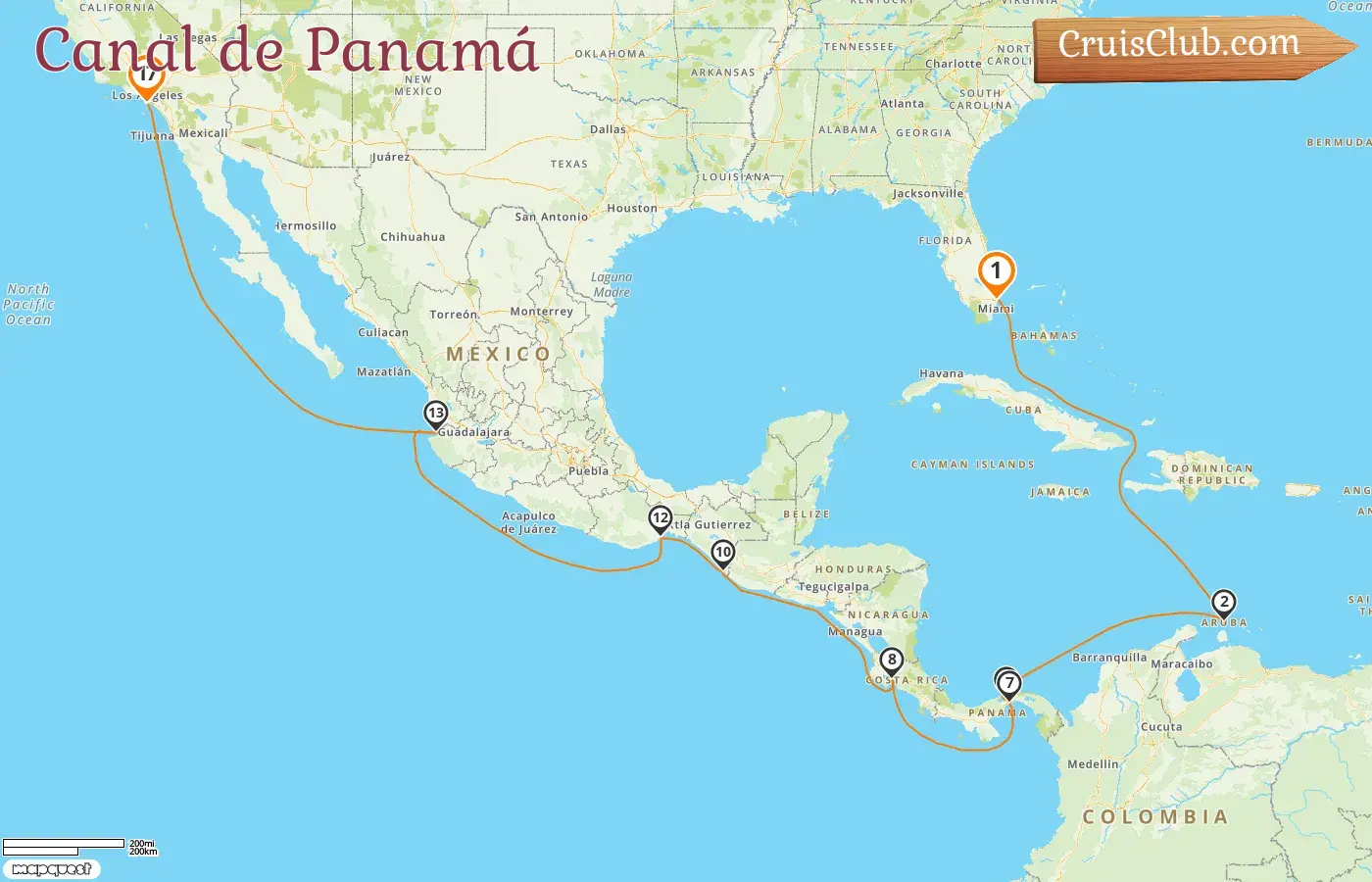 Crucero por el Canal de Panamá desde Fort Lauderdale a Los Ángeles a bordo del barco Island Princess con escalas en EE. UU., Aruba, Panamá, Costa Rica y México durante 17 días