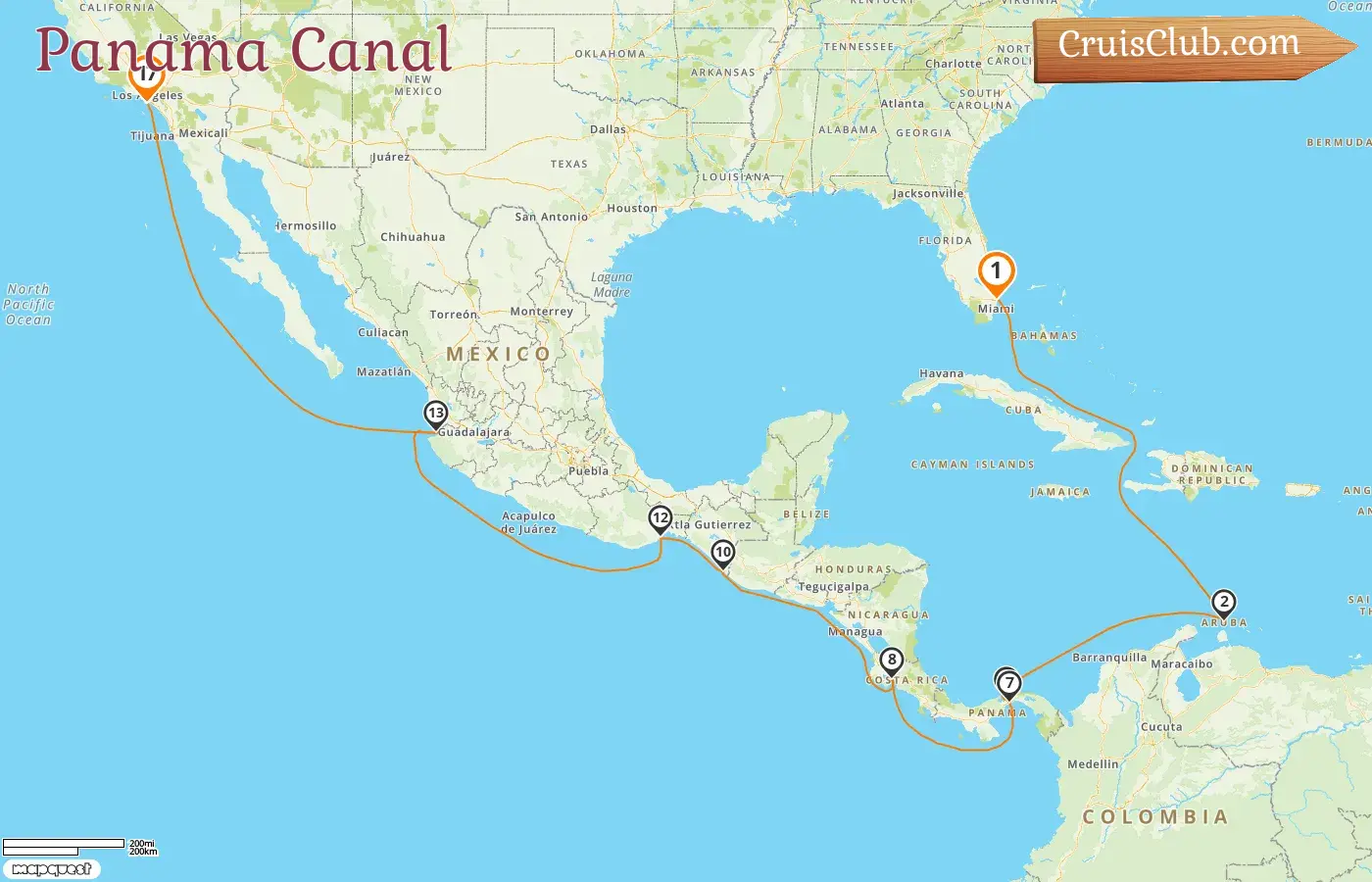 Cruise in the Panama Canal from Fort Lauderdale to Los Angeles aboard Island Princess ship with visits to USA, Aruba, Panama, Costa Rica, and Mexico for 17 days
