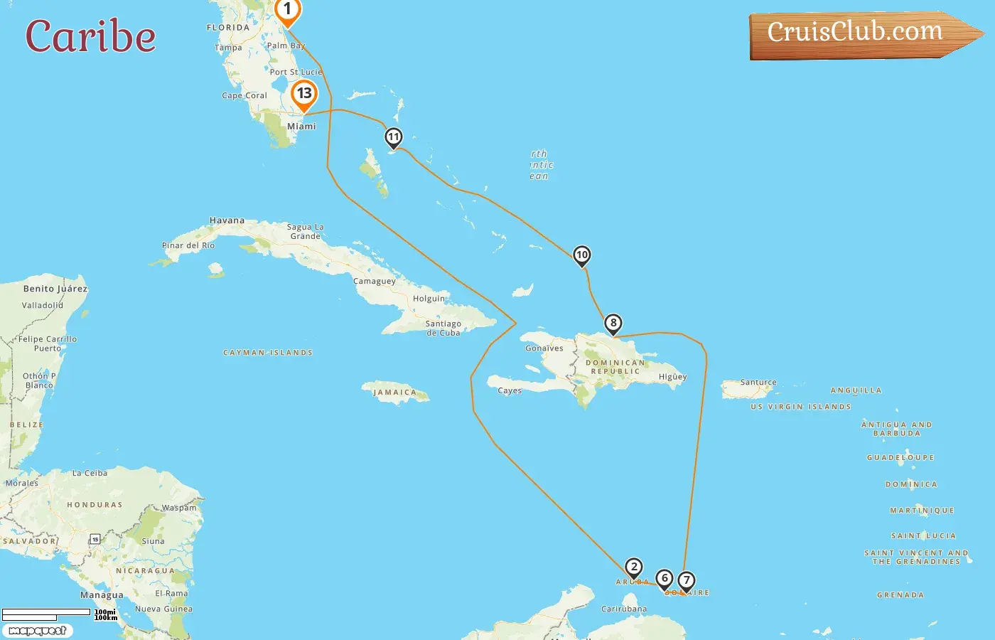 Cruzeiro para o Caribe de Port Canaveral / Orlando para Fort Lauderdale a bordo do navio Caribbean Princess com visitas aos EUA, Aruba, Curaçao, República Dominicana e Bahamas por 13 dias