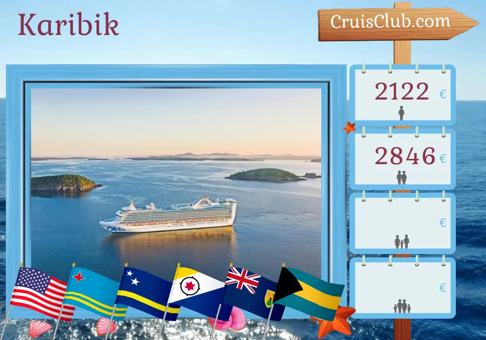 Kreuzfahrt in der Karibik von Port Canaveral / Orlando nach Fort Lauderdale an Bord des Schiffes Caribbean Princess mit Stopps in den USA, Aruba, Curaçao, der Dominikanischen Republik und den Bahamas für 13 Tage