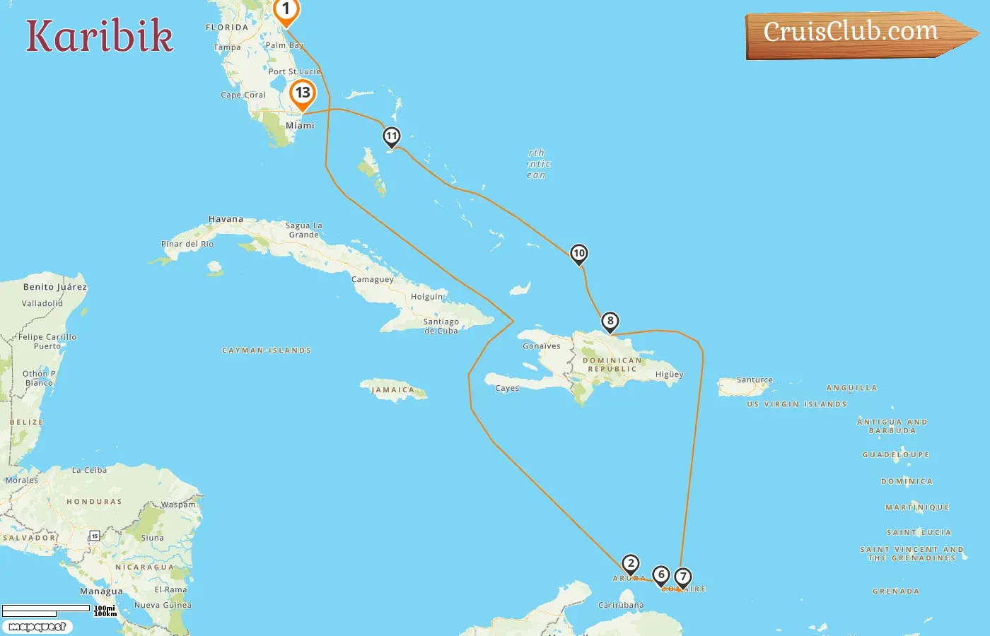 Kreuzfahrt in der Karibik von Port Canaveral / Orlando nach Fort Lauderdale an Bord des Schiffes Caribbean Princess mit Stopps in den USA, Aruba, Curaçao, der Dominikanischen Republik und den Bahamas für 13 Tage