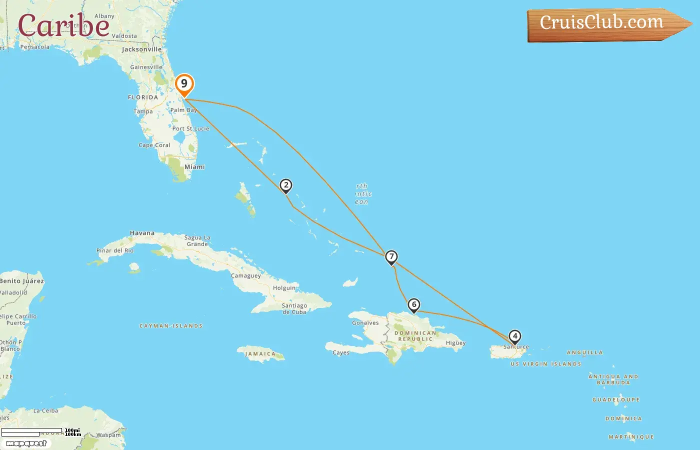 Cruzeiro no Caribe saindo de Port Canaveral / Orlando a bordo do navio Sky Princess com visitas aos EUA, Bahamas, Porto Rico e República Dominicana por 9 dias