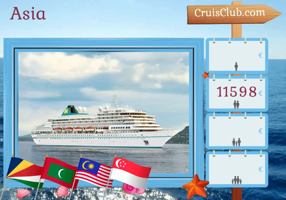 Cruise in the Asia from Victoria to Benoa aboard Amera ship with visits to Seychelles, Maldives, Sri Lanka, Indonesia, Malaysia, and Singapore for 24 days