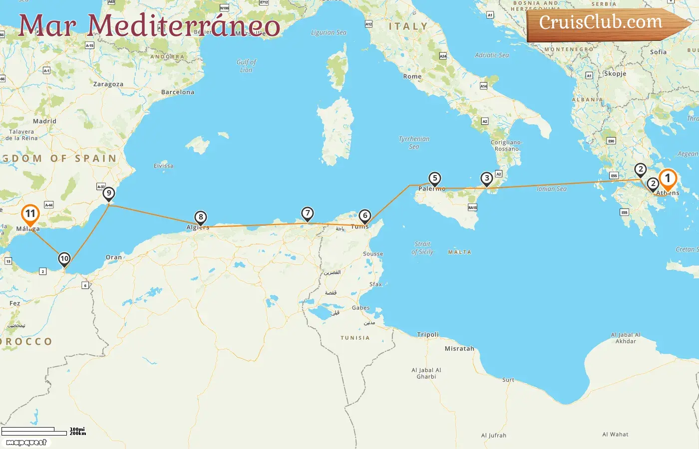 Crucero por el Mediterráneo desde El Pireo hasta Málaga a bordo del barco Le Dumont d`Urville con visitas a Grecia, Italia, Túnez y España durante 11 días