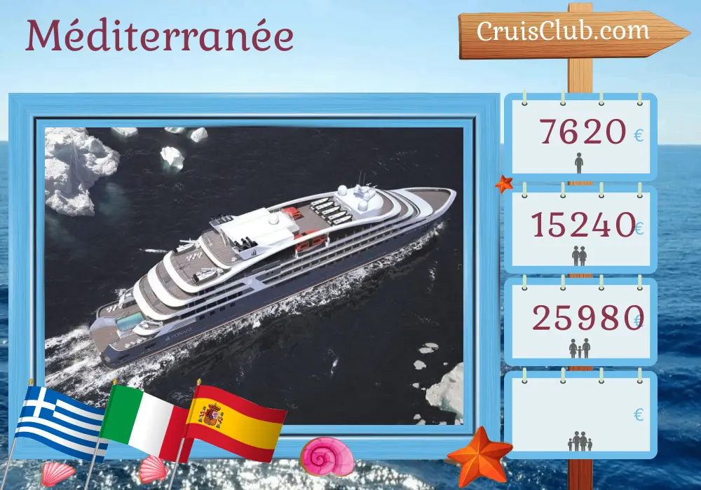 Croisière en Méditerranée de Pirée à Malaga à bord du navire Le Dumont d`Urville avec des visites en Grèce, en Italie, en Tunisie et en Espagne pendant 11 jours