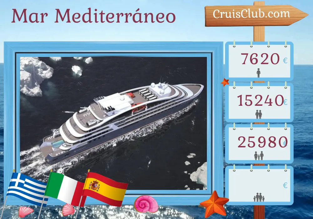Crucero por el Mediterráneo desde El Pireo hasta Málaga a bordo del barco Le Dumont d`Urville con visitas a Grecia, Italia, Túnez y España durante 11 días