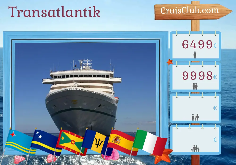 Transatlantik-Kreuzfahrt von Christopher nach Savona an Bord des Schiffes Artania mit Besuchen in Panama, Kolumbien, Aruba, Curaçao, Grenada, St. Vincent und die Grenadinen, Barbados, Spanien, Marokko und Italien für 26 Tage