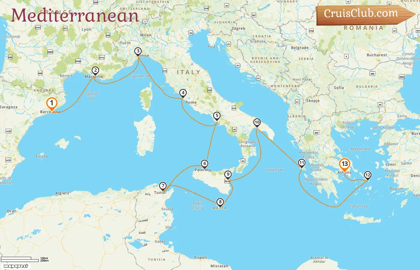 Cruise in the Mediterranean from Barcelona to Piraeus aboard Costa Fascinosa ship with visits to Spain, France, Italy, Tunisia, Malta, and Greece for 13 days
